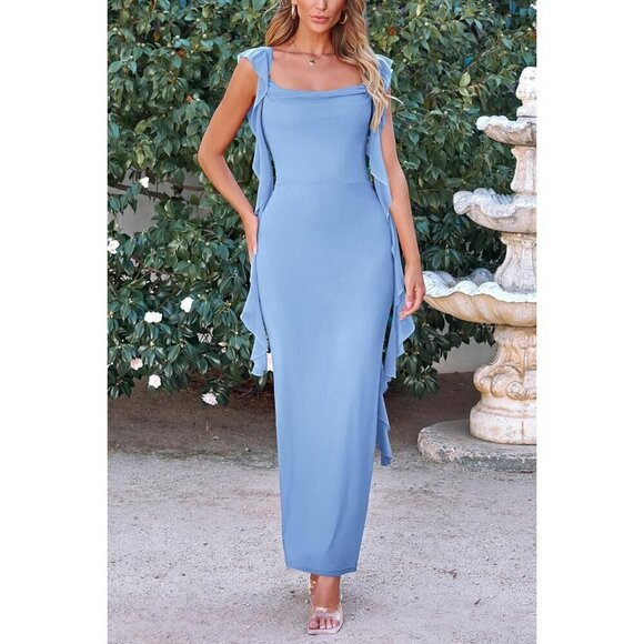 PRETTYGARDEN Women's Summer Long Light Blue Sleeveless Maxi Bodycon Dress - Picture 9 of 9
